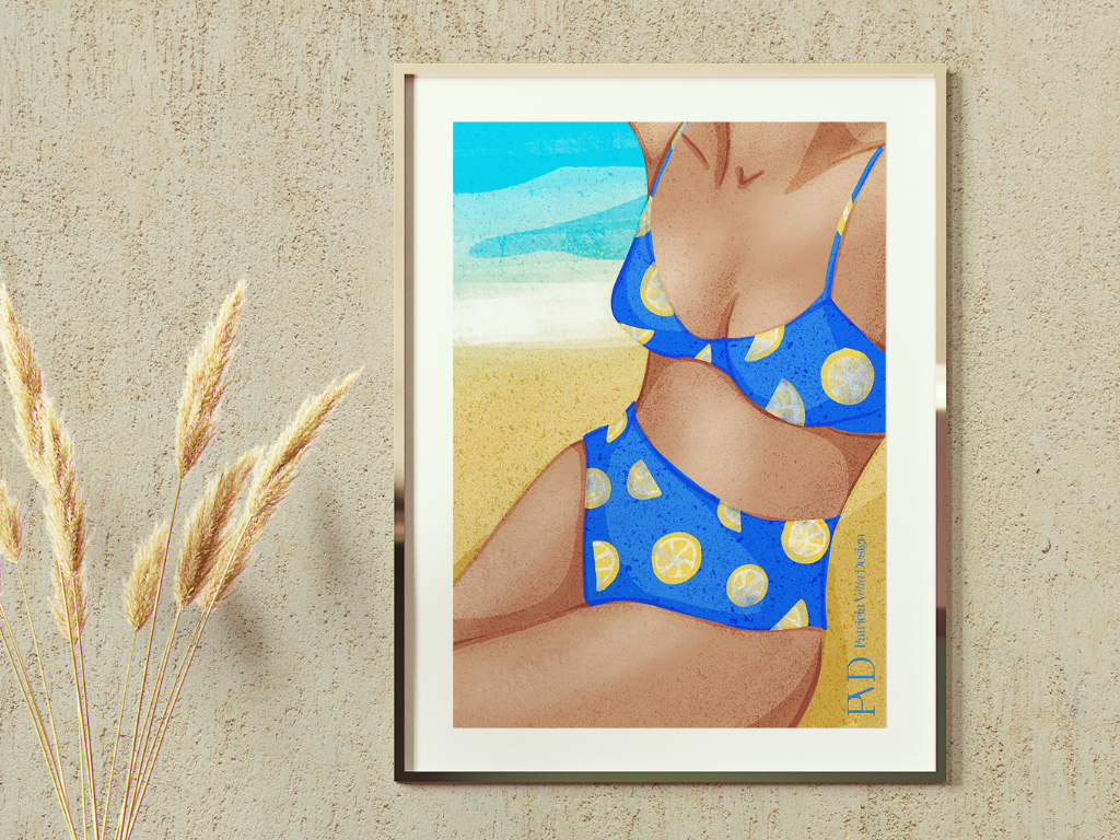 Bikini Lemon Print Woman Beach Illustration