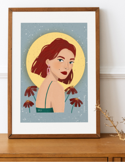 Woman Portrait Red Hair Moon Flower Illustration